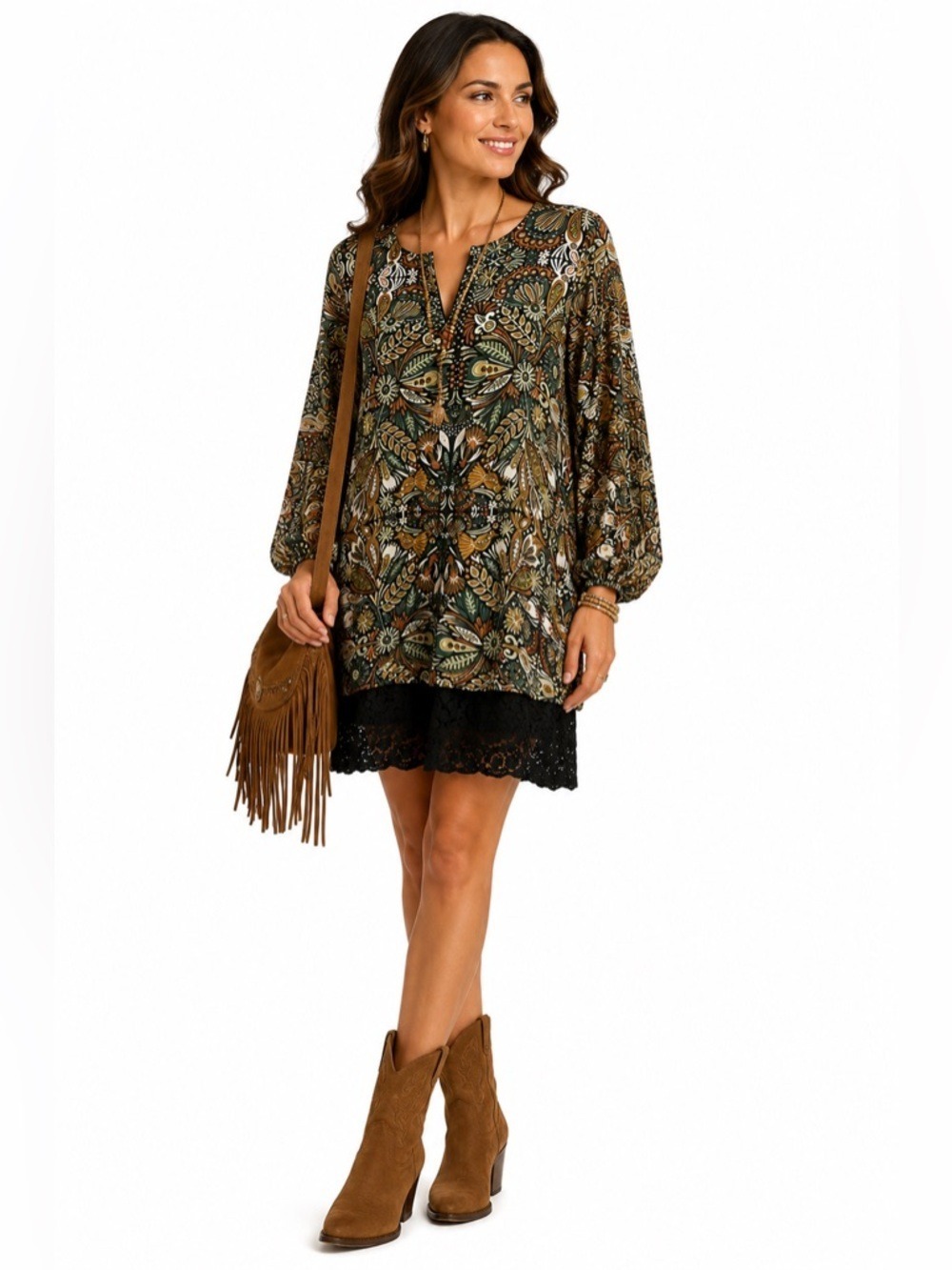 California Moon Rise Bohemian Patterned Lace Hem Sheath Knee Length Dress